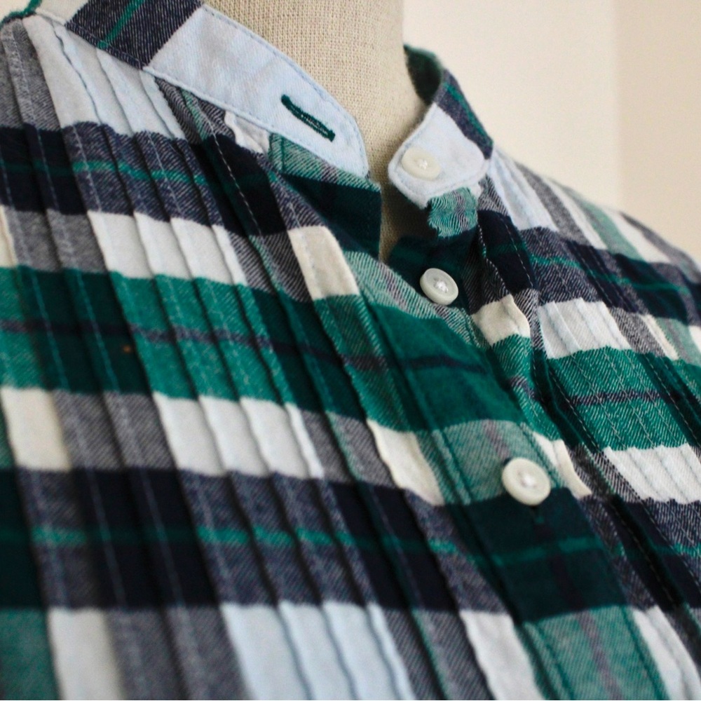 Lands' End Blue Green 100% Cotton Plaid Button Down Pleated Blouse Top Size 6